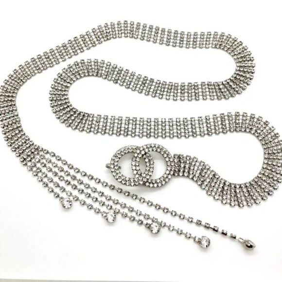 New Fashion Bling Elegant Sparkle Tassels Rhinestone Chain Double O Ring Belt - Picture 4 of 4